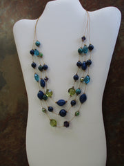 3 Row Gold Wire Multi Blue Green Gold Beads Necklace (N1273)