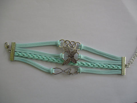 Teal Leather Silver Butterfly Love Pendants Bracelet (B628)
