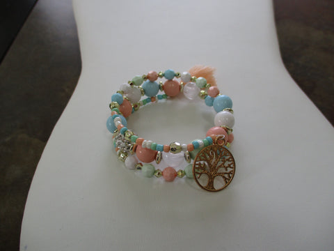 Peach, White, Green, Blue Acrylic Beads Memory Wire Bracelet Gold Tree, Peach Tassel Charms (B638)