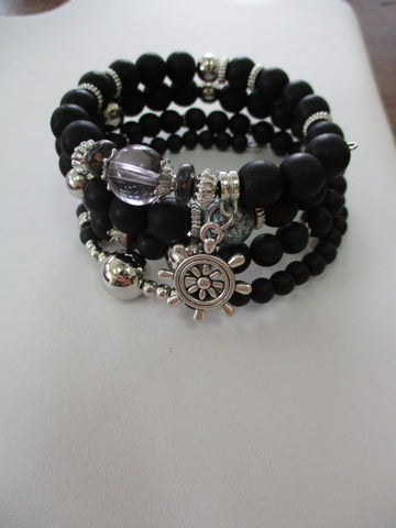 Black, Silver Beads Silver Ships Wheel Charm Memory Wire Bracelet (B672)