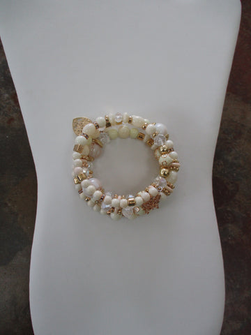 White Glass Beads Gold Beads Gold Butterfly, Tree Heart Charms Memory Wire Bracelet (B673)