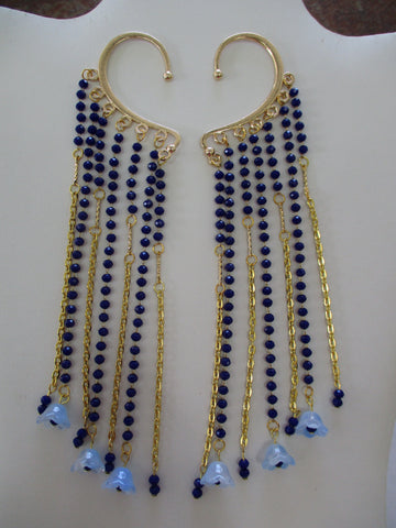 Gold Blue Bead Chain, Glass Blue Flowers Beads Ear Cuffs(EC106)