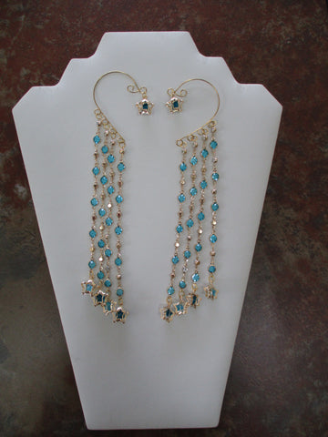 Gold Blue Faux Diamond Chain, Gold Blue 3-D Star Charms Pair Ear Cuffs (EC125)
