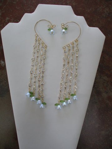 Gold Clear Faux Diamond Chain, Light Blue Acrylic Flower Charms Pair Ear Cuffs (EC126)