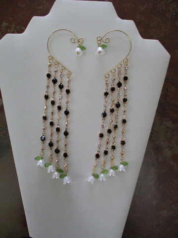 Gold Black Faux Diamond Chain, White Acrylic Flower Charms Pair Ear Cuffs (EC127)