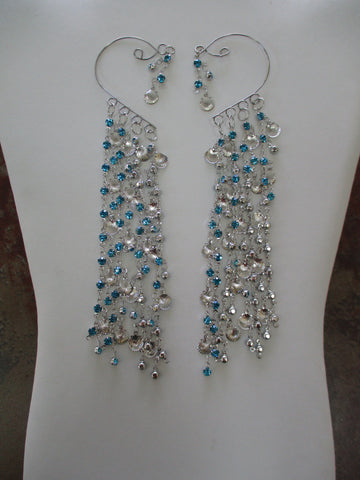 Silver Blue Faux Gems Silver Shells Charms Chain Ear Cuffs (EC130)