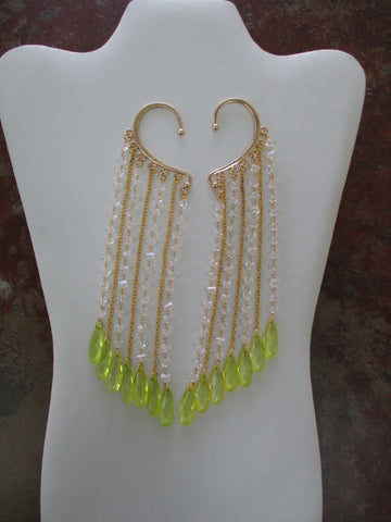 Gold Chain, Gold Clear Acrylic Chips Chain Yellow Acrylic Tear Drops Ear Cuffs (EC132)