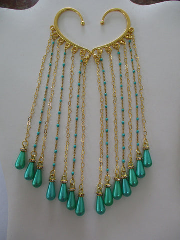Gold Green Chain, Gold Heart Chain, Green Tear Drops Ear Cuffs (EC136)