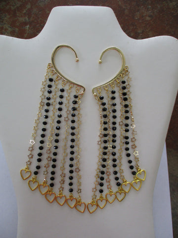 Gold Star Chain, Gold Black Bead Chain, Gold Heart Charms Ear Cuffs (EC145)