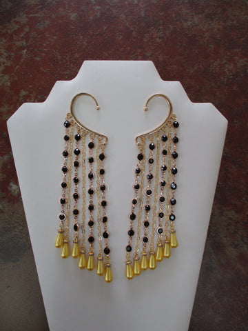 Gold Black Gem Chain, Gold Hearts Chain, Yellow Tear Drop Pearls Pair Ear Cuffs (EC151)