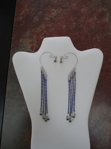 Blue Rhinestone Chain Silver Stars Silver Ear Cuffs (EC162)