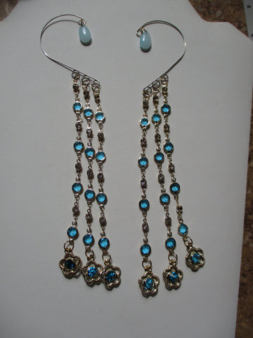Silver Ear Cuffs with Gold Blue Bead Chain Gold Blue Flowers Blue Glass Tear drops (EC167)