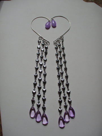 Silver Ear Cuffs Silver Heart Chain Purple Glass Tear Drops (EC169)