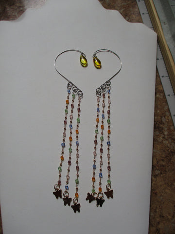 Silver Ear Cuffs Multi Color Glass Bead on Gold Chain Gold Butterflies Yellow Glass Tear Drops (EC170)