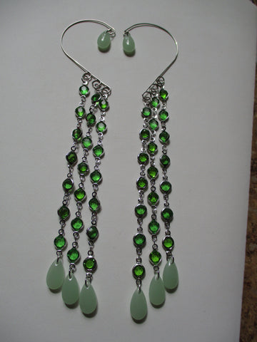 Silver Ear Cuffs Silver Green Beads Chain Green Glass Tear Drops (EC172)