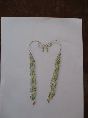 Multi Green Glass Square Beads Chain Gold Hearts Ear Cuffs (EC175)