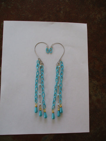 Blue Chain Gold Blue Glass Bead Chain Blue Tear Drop Pearls Ear Cuffs (EC178)