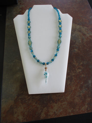 Teal Acrylic Glass Beads GLass Tear Drop Shape Closed Vase with Flowers Necklace (N1480)