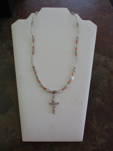 Silver Pink Gold Metal Beads Spacers Silver Cross with Pink Rose Pendant Necklace (N1481)