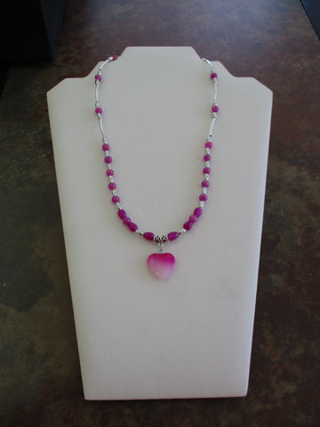 Pink Silver Beads Silver Tube Spacers Pink White Heart Pendant Necklace (N1489)