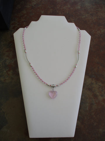 Pink Glass Beads Silver Beads Silver Spacer Tubes Pink Heart Pendant Necklace (N1490)