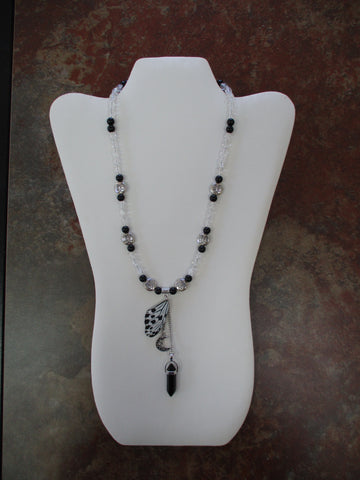 Black Clear Glass Beads Silver Butterfly Beads Black Prism Moon Butterfly Wing Pendants Necklace (N1505)