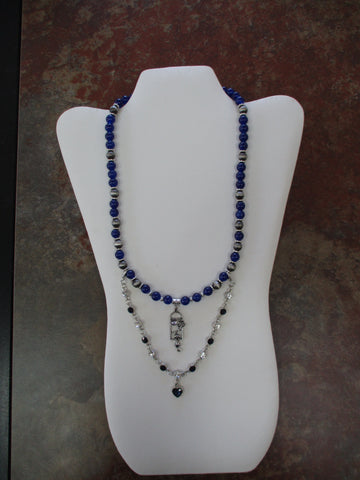 Blue Glass Beads Silver Beads Silver Cat Hanging Pendant Extra added Chain with Heart Pendant Necklace (N1508)