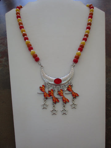 Orange, Red, Yellow Glass Beads Dragonfly Pendants Necklace (N1534)