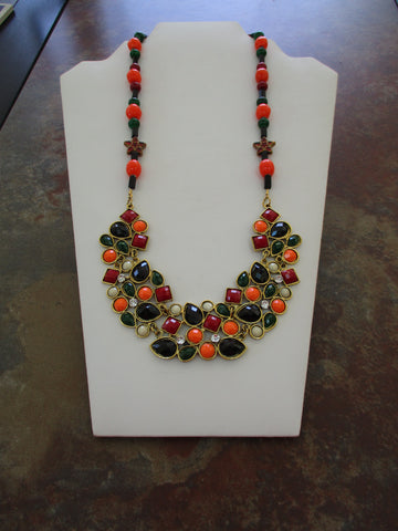 Multi Color Glass Beads, Multi Color Choker Bib Pendant Necklace (N1535)