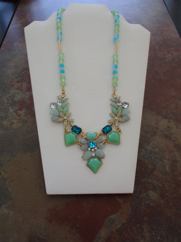 Blue Green Glass Beads, Gold Tube Spacer Beads, Choker Bib Pendant Necklace (N1536)