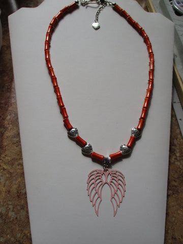 Orange Sparkly Faux Bamboo Beads Peach Angel Wings Necklace (N1538)