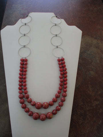 Silver Rings Coral Color Glass Beads Necklace (N1539)