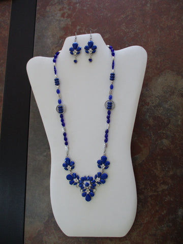 Blue Glasss Beads Silver Spacers Blue Choker Bib Pendant Necklace Earrings Set (NE562)
