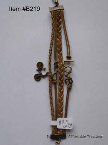 Multi Layer Metal Leather Rope Bracelet with Infinity, Love, Bicycle