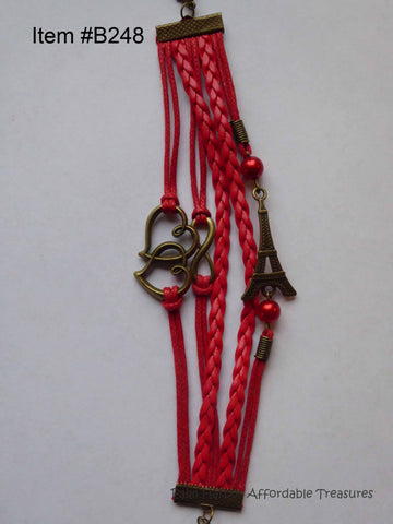 Multi Layer Metal Leather Rope, Hearts, Infinity, Eiffel Tower, Red Pearls Bracelet (B248)