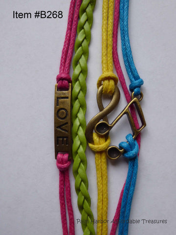 Multi Layer Metal Leather Rope Bracelet with Love, Infinity, Musical Note