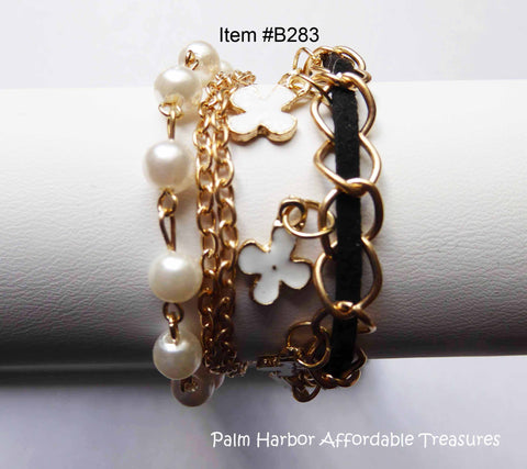 White Pearl Clover Leather Bracelet