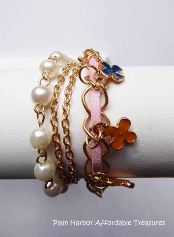 White Pearl Clover Leather Bracelet
