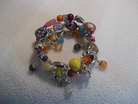 Memory Wire Multi Color Dangling Glass Bead Silver Horses (B329)