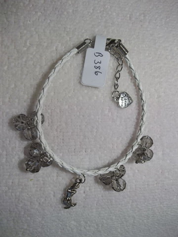 White Braid Leather Silver Mermaid Smoke Gray Crystals Bracelet (B386)