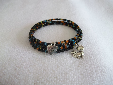Memory Wire Black Multi Color Glass Seed Beads Silver Fox Silver Paw Bracelet (B510)