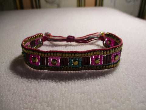 Pink Turquoise Gold Burgandy Seed Bead Loom Bracelet (B559)