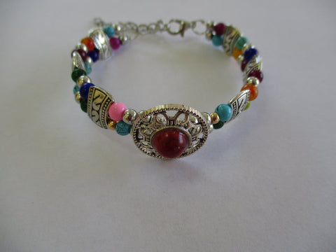 Silver Multi Color Beads with Button Charm Memory Wire Bracelet (B597)