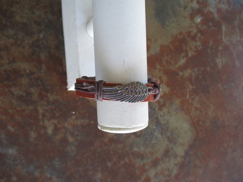 Light Brown Leather Brown Cord Silver Wing Adjustable Bracelet (B620)