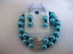 Memory Wire Blue Pearls Black seed beads Silver Butterfly Bracelet with Earrings (BE101)