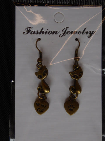 Bronze Short Cat Sitting Love my Cat Paw Heart Earrings (E690)