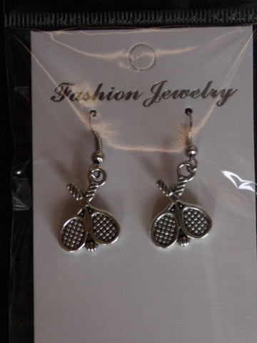 Silver Double Tennis Rackets Ball Earrings (E699)
