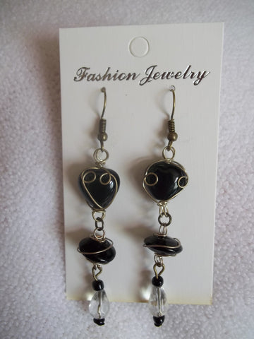 Bronze Black Wrapped Glass bead Clear Tear Drop Crystal Earrings (E737)