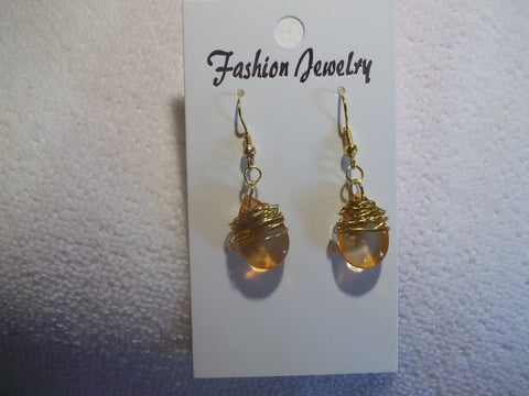 Gold Wire Wrapped Orange Tear Drop Earrings (E740)