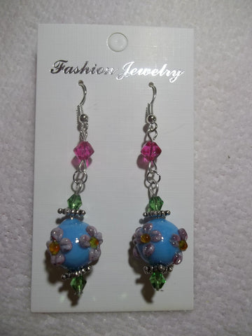 Silver Glass Light Blue Flowers Earrings (E761)